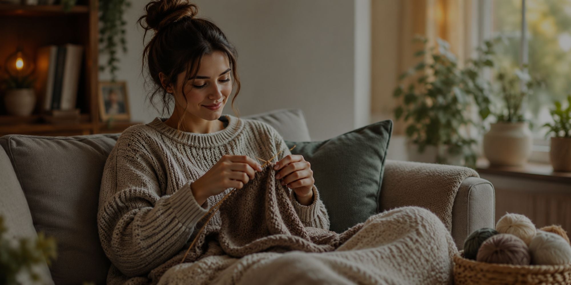 Woman knitting on a couch in a cozy living room