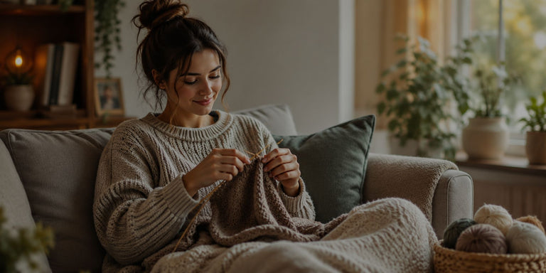 Woman knitting on a couch in a cozy living room