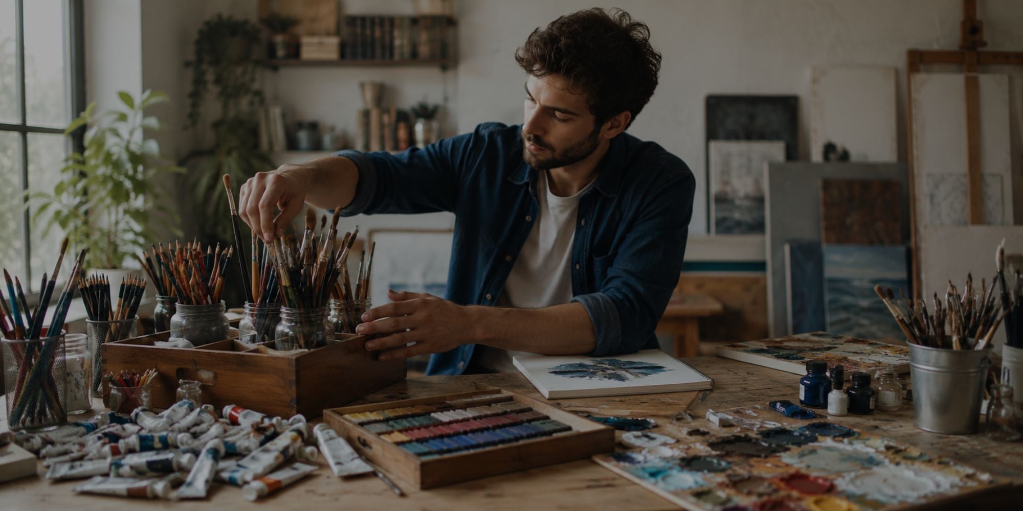 Man organizing art supplies in a studio setting