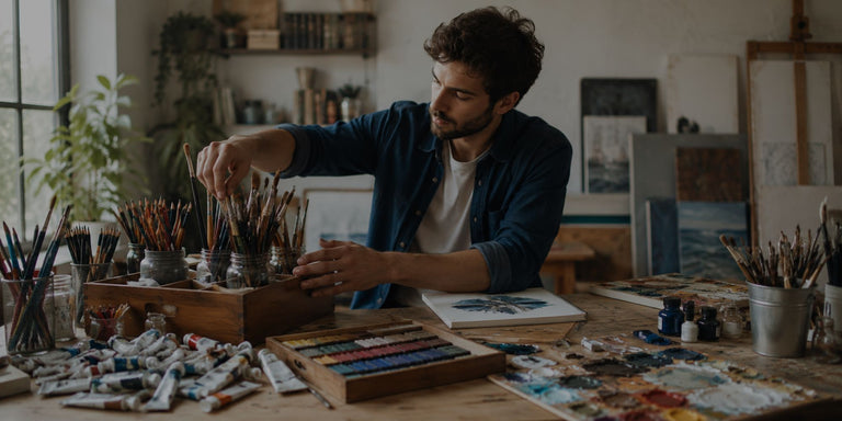 Man organizing art supplies in a studio setting