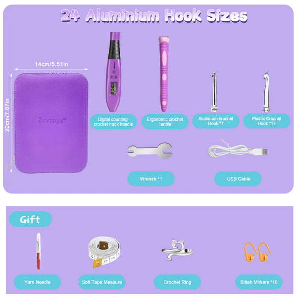 24pcs Crochet Hook Set LED Light Ergonomic Knitting Tool Kit