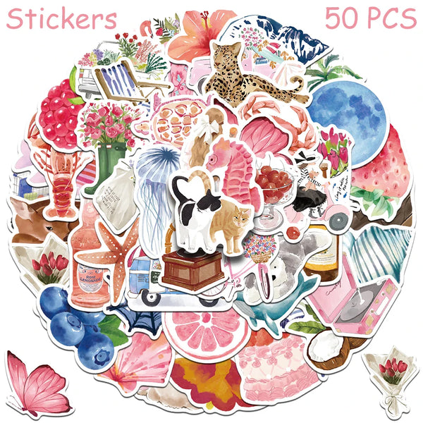 Cartoon Watercolor Sticker Set 50/100pcs DIY Scrapbook Phone Decals